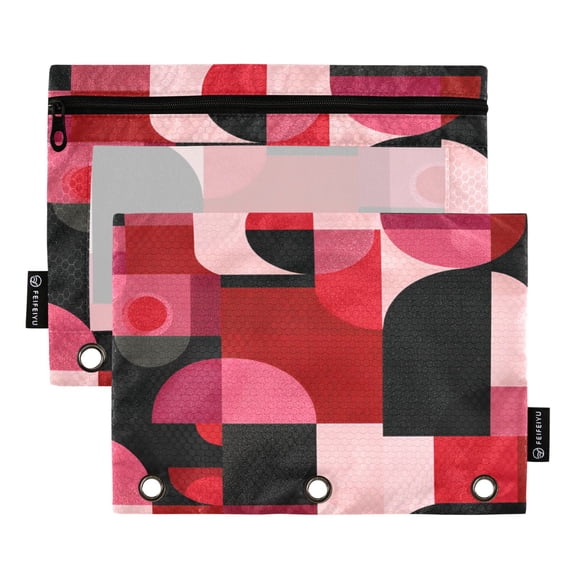 2 Pack 3 Ring Binder Pouch with Clear PVC Window Water Resistant Zipper Pencil Pouch Red and Black Record Pattern Binder Pocket for Classroom Office Home Stationery Organization
