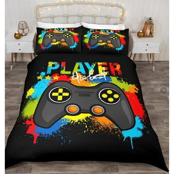 Gamepad Bedding Cover Queen Size,Play Gamer Bedding Set Kids Young Man Video Games Duvet Cover for Teen Game Room Decor Black Classic Retro Gaming Quilt Cover with Controller(No Comforter)