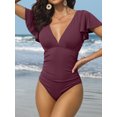 thumbnail image 3 of Sociala Womens Ribbed V Neck Swimwear for Womens Ruffled Tummy Control Monikini Swimsuit, 3 of 5