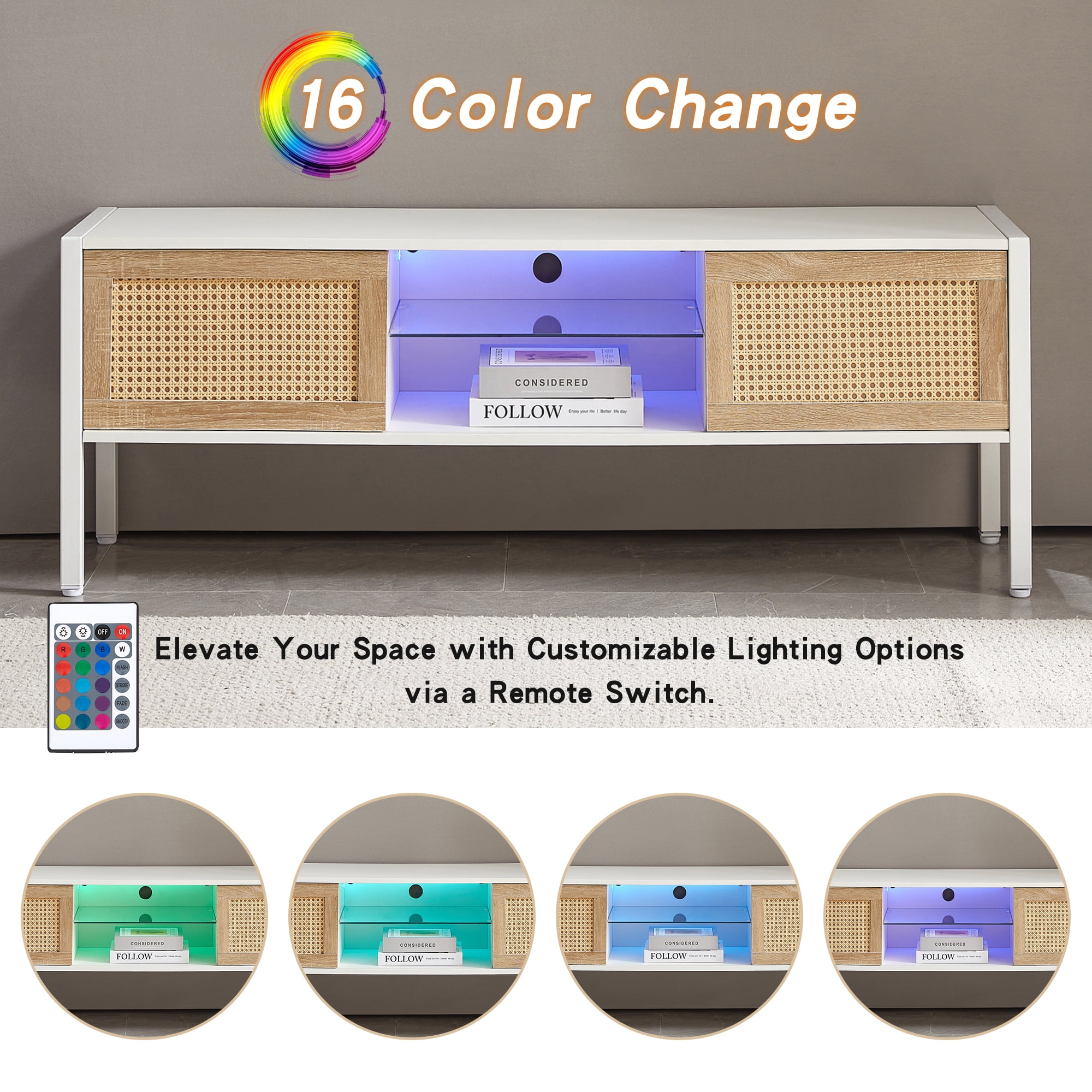 MAYEERTY 54.33" Rattan TV Cabinet with Adjustable Shelf, Variable Color Light Strip, and Metal Legs, White