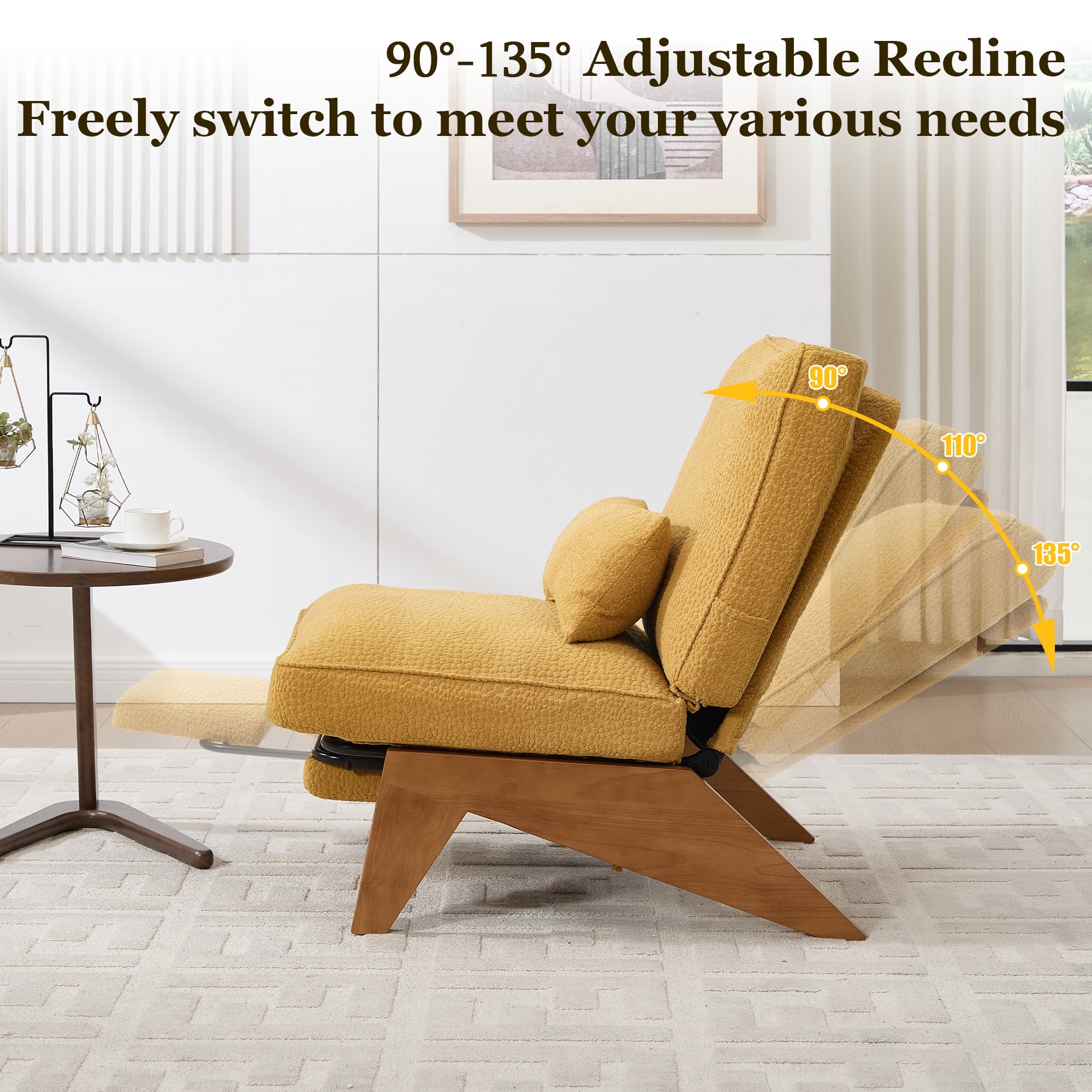 MOONMISS Modern Adjustable Lounge Chair with Footrest,Wooden Base Upholstered Recliner for Reading Rest Circle Fleece