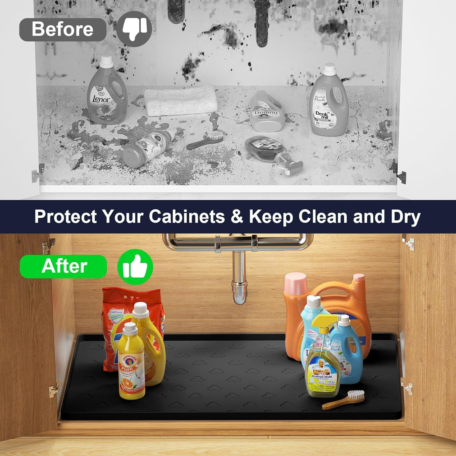 Under Sink Mat 34" x 22" Waterproof Kitchen Cabinet Mat, Flexible Under Sink Liner, Kitchen Bathroom Cabinet Mat Protector for Drip Leak Spill (Black)