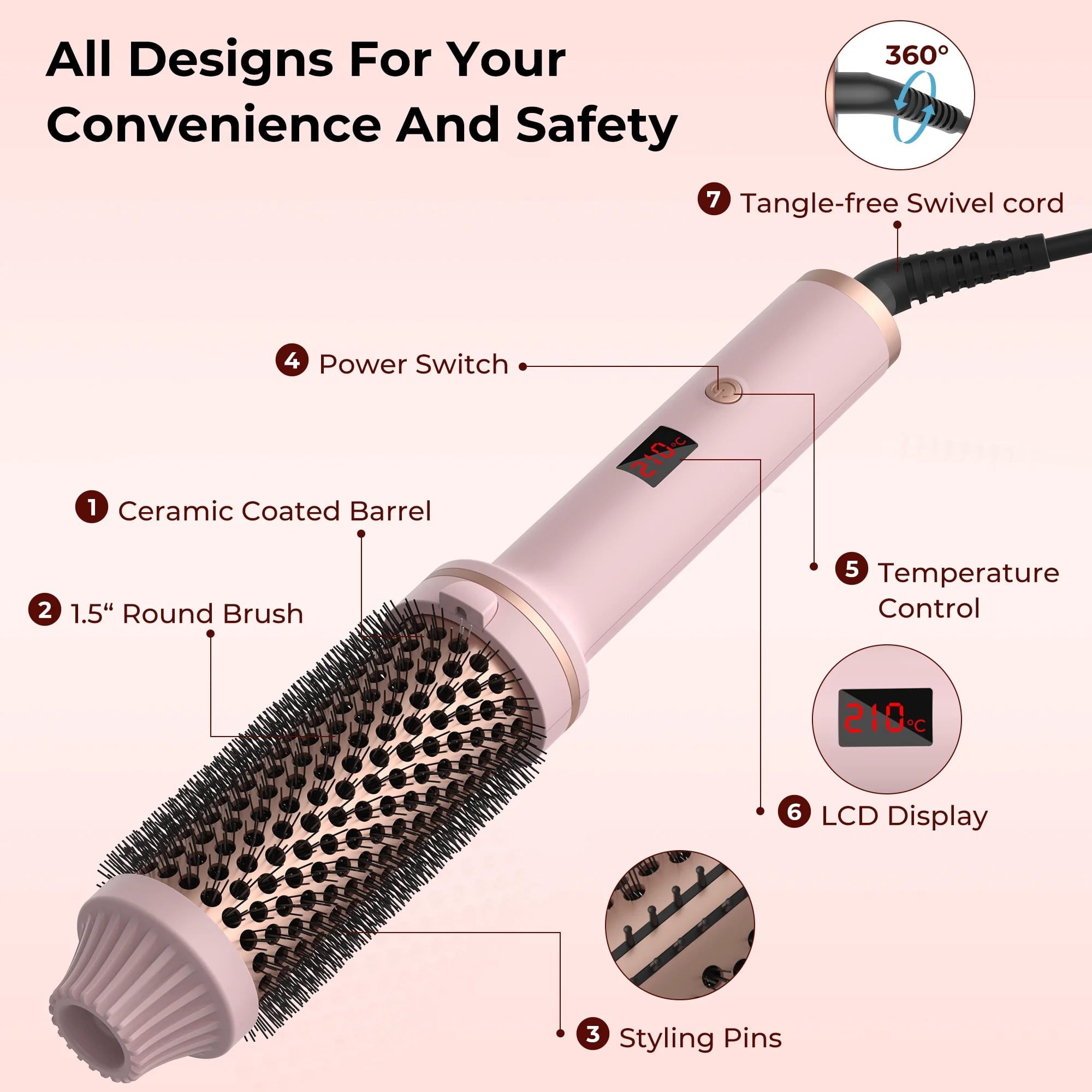 TrimTide Hot Air Brush Thermal Brush Heated Curling Iron Brush 32mm Round Brush Hair Curler LCD Display Curling Comb