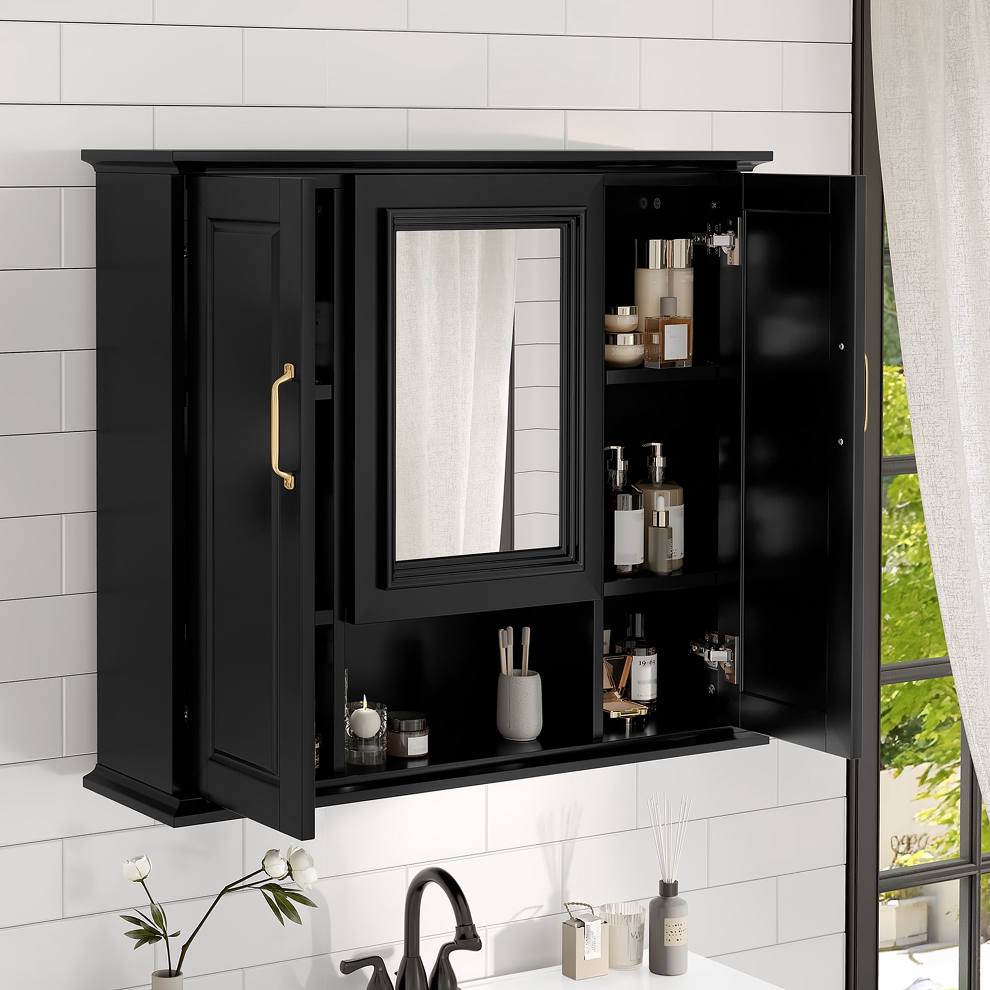 Euroco 36'' Medicine Cabinet, Wall Mounted Bathroom Storage Cabinet, Modern Bathroom Wall Cabinet with Mirror, Mirror Cabinet with 3 Doors (Not Include Bathroom Vanity )