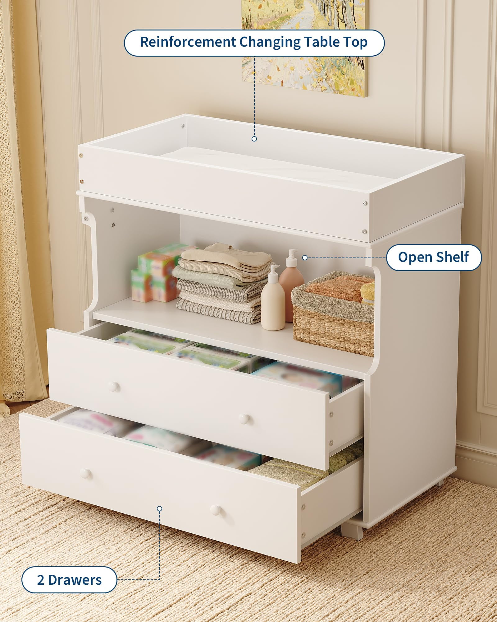 Huisuilinss Changing Table Dresser,Baby Nursery Dresser,Modern Wood Diaper Changing Station With 2 Drawers & Shelves,Multi-Functional Chest Of Drawer For Nursery Room Bedroom Kids Room