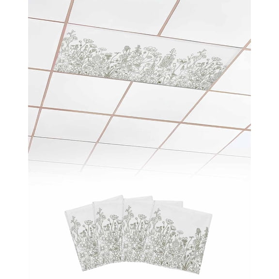 Botanical Flowers Fluorescent Light Covers for Ceiling Lights 4x2 feet,4 Pack Magnetic Light Filters for Classroom,Farmhouse Abstract Floral Plants Herbs Fluorescent Light Shade Panel for Office