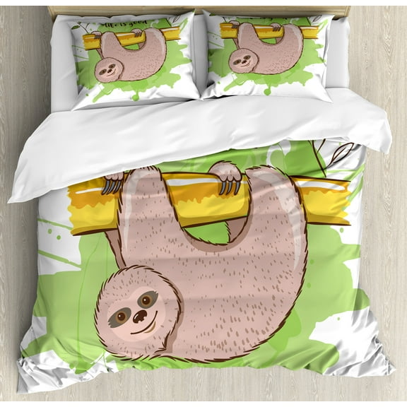 Ambesonne Sloth Duvet Cover Set, Exotic Mammal on Branch, Queen, Green Tan Yellow