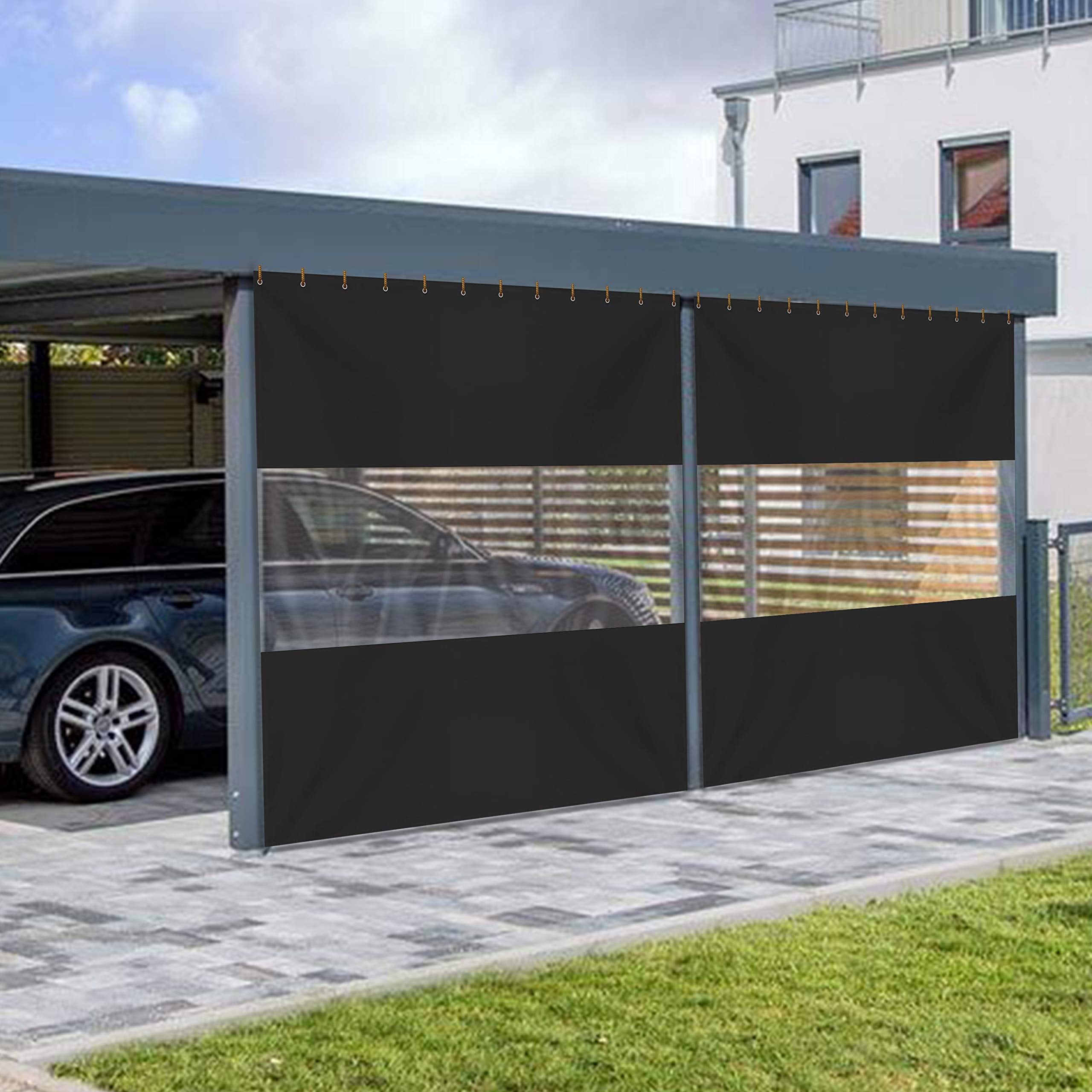 Covers & All Outdoor Clear Panel Curtain, 18 Oz Tarp Tuff Waterproof & UV Resistant Material with Rustproof Grommets, Multi-Purpose Ideal for Outdoors/Indoors (4' H x 8' W feet, Black)