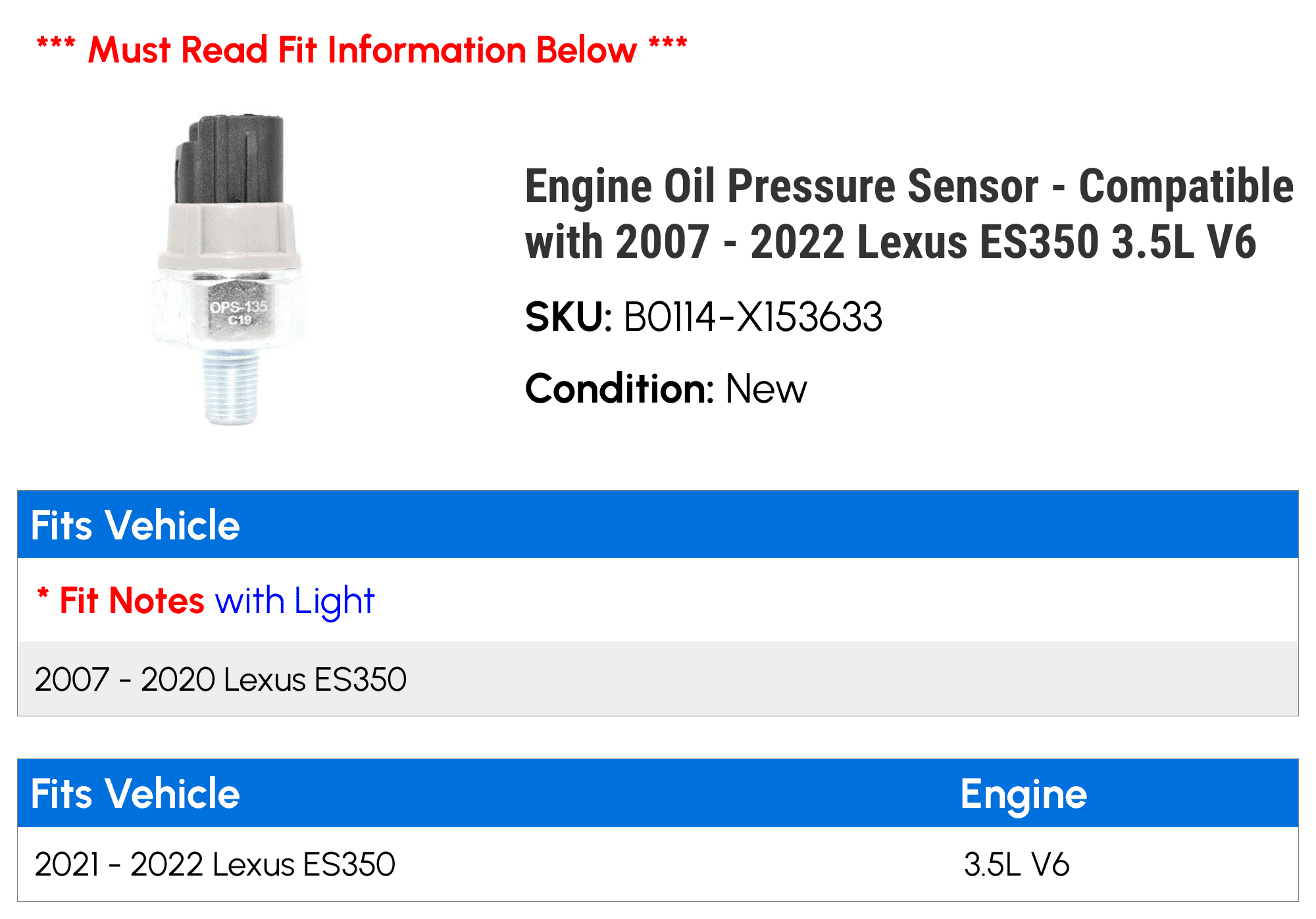 Engine Oil Pressure Sensor - Compatible with 2007 - 2022 ES350 3.5L V6 2008 2009 2010 2011 2012 2013 2014 2015 2016 2017 2018 2019 2020 2021