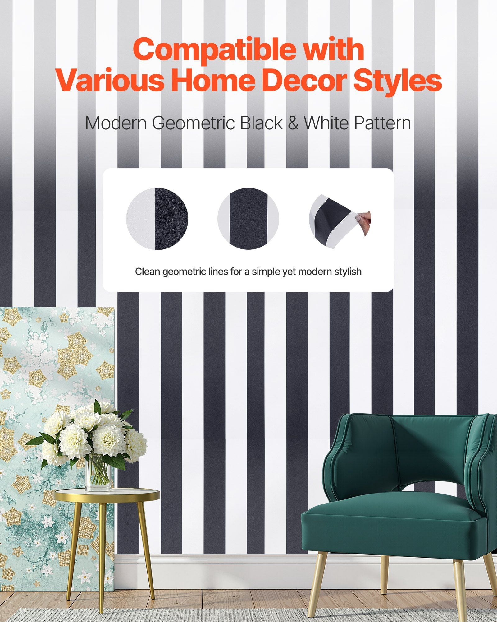 Black and White Striped Self-adhesive Wall Paper, Water-resistant Self-adhesive, Easy To Clean, Suitable for Bedrooms, Kitchens, Bathrooms, Offices, Etc.