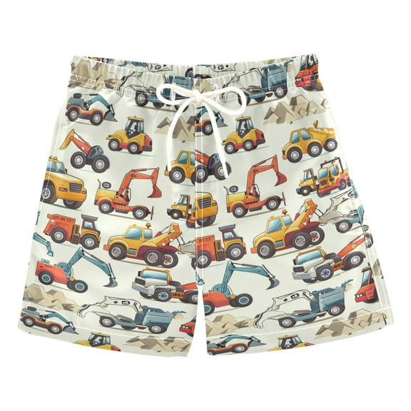 joogoo Boys Swim Trunks Cartoon Truck Engineering Excavator Bulldozer Beach Board Shorts Drawstring Swimsuit S