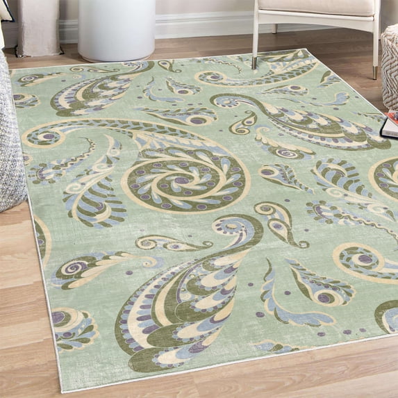 Floral Decorative Rug, Paisley Flower Classic Turkish Oriental Design Dots and Leafs Illustration, Quality Carpet for Bedroom Dorm and Living Room, 6 Sizes, Pale Green, by Ambesonne