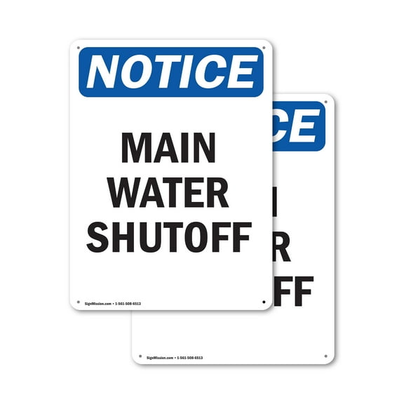 (2 Pack) Main Water Shutoff OSHA Notice Sign 7 Inch X 10 Inch Indoor / Outdoor Rust-Free Aluminum Metal Signs for Workplace, Workshop, and Construction Site, Made in the USA
