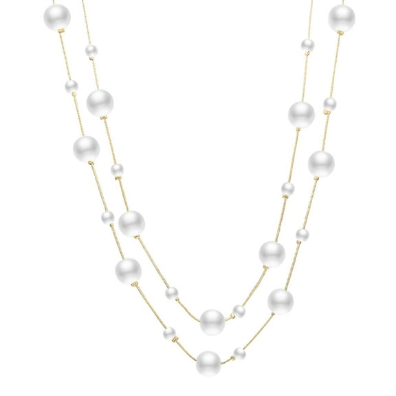 Aleasha Gold Multi Strand Faux Pearl Necklace for Women Vintage Long White Pearl Necklace Party Costume Jewelry Gifts