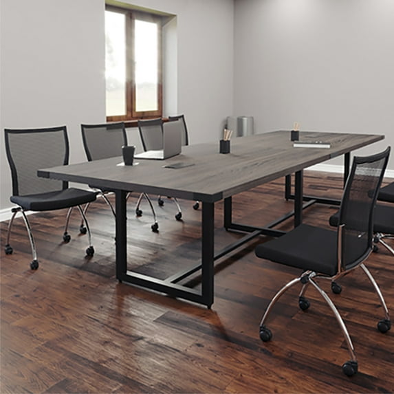 8ft - 16ft Modern Conference Room Table and Chairs Set with Metal & Mesh (Sand Dune w/ Black Metal, 14ft Table & 12 Chairs & 2 PM)