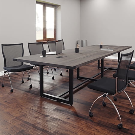 8ft - 16ft Modern Conference Room Table and Chairs Set with Metal & Mesh (Sand Dune w/ Black Metal, 8ft Table & 6 Chairs & 2 PM)