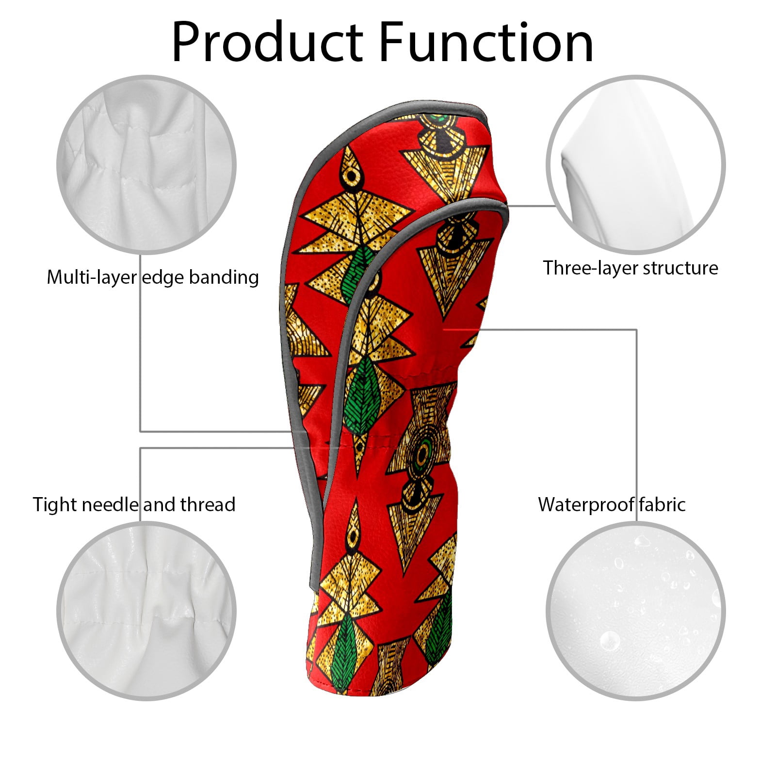 Golf Club Covers, Red GeometricEmblem Premium PU Leather Driver Hybrid Putter Head Covers with Velvet Lining, Waterproof Golf Gifts for Men Women