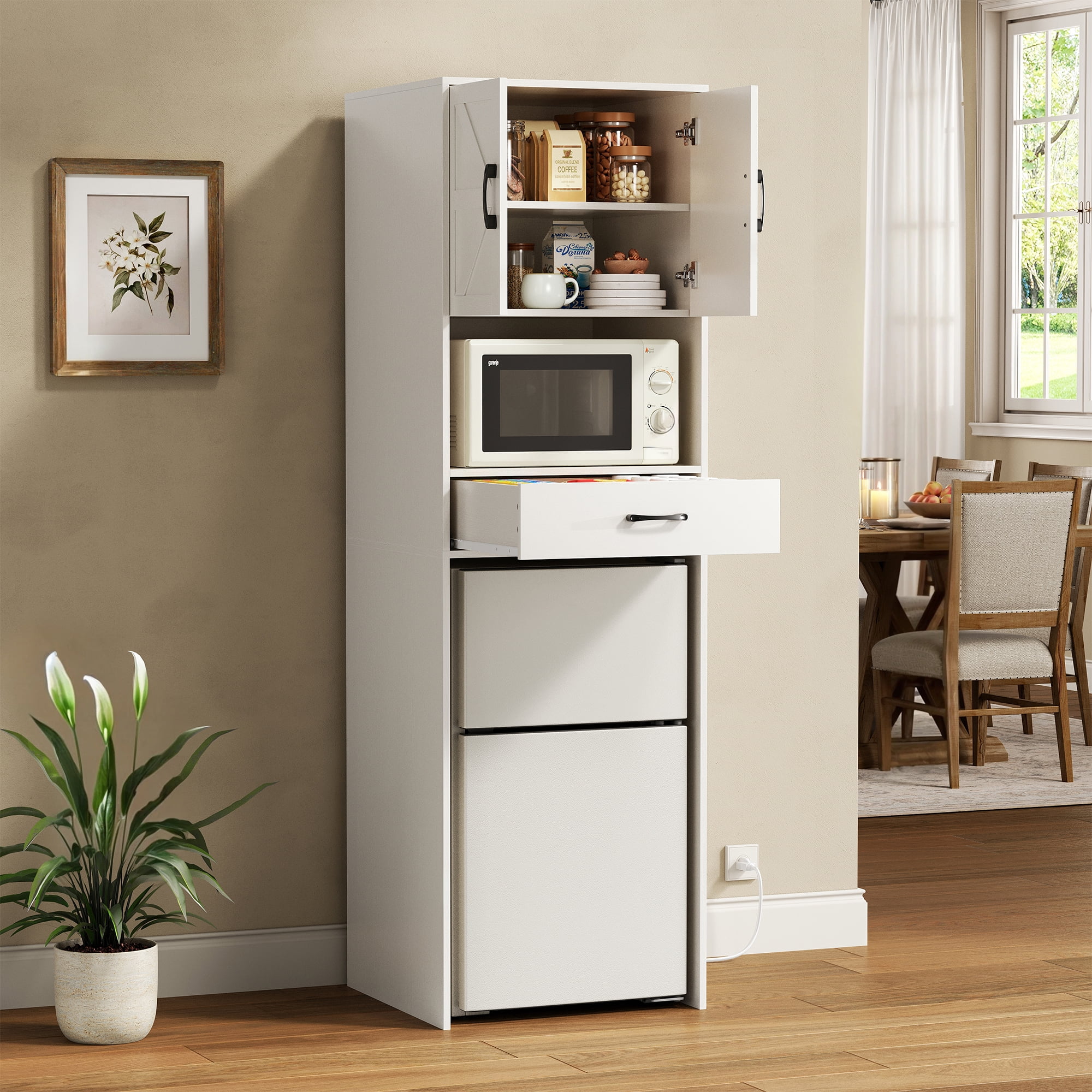 Herture Mini Fridge Stand with Storage and Power Outlet, Coffee Bar Cabinet with Microwave Shelf, – Fits Most Mini Fridges and Wine Coolers, for Dorm, Kitchen, or Office White KH03MRW
