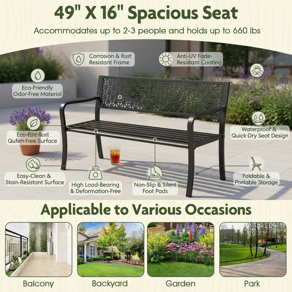 Hommoo 50" Metal Garden Bench for 2-3 People, Stylish Patterned Backrest, Curved Armrests, Heavy-Duty Outdoor Patio Seating, Black