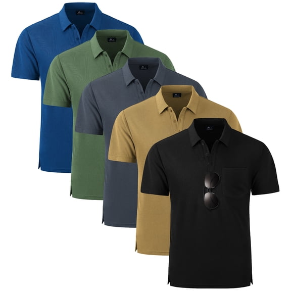 SPEEDRUN Mens 5 Pack Polo Shirts with Pocket Short Sleeve Moisture Wicking Outdoor Tactical Shirt Summer Casual M