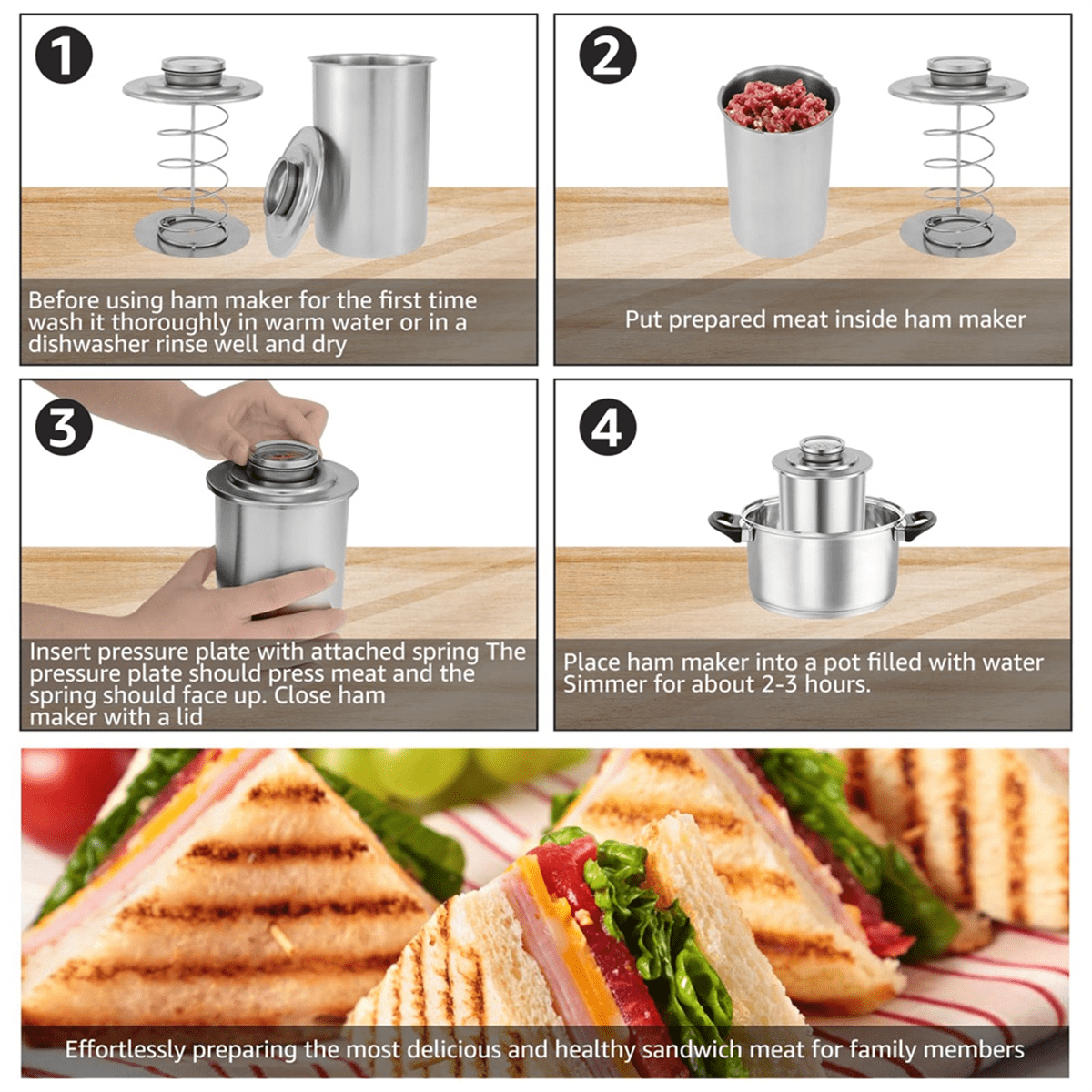 Stainless Steel Meat Meat, Large Capacity Ham Maker with Thermometer, Round Shape Meat Mold,1 x Boiled meat ,Silver