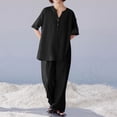 thumbnail image 4 of CIENVNSTG 2 Piece Sets Woman Trendy V-Neck Long Sleeve Linen Shirt Top Drawstring Straight Pants Set Black M, 4 of 5