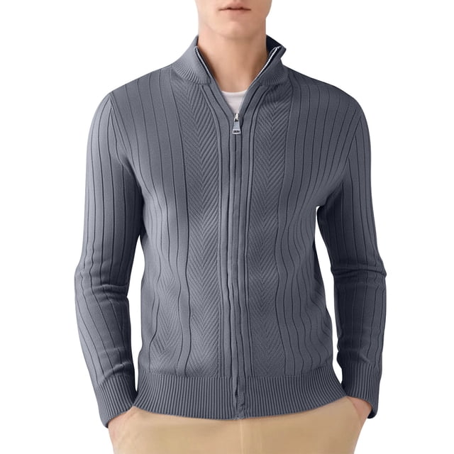 ShomPort Cardigans for Mens Cable Knitted Stand Collared Full Zipper Long Sleeve Ribbed Cuff Sweater Solid Color Warm Outwear