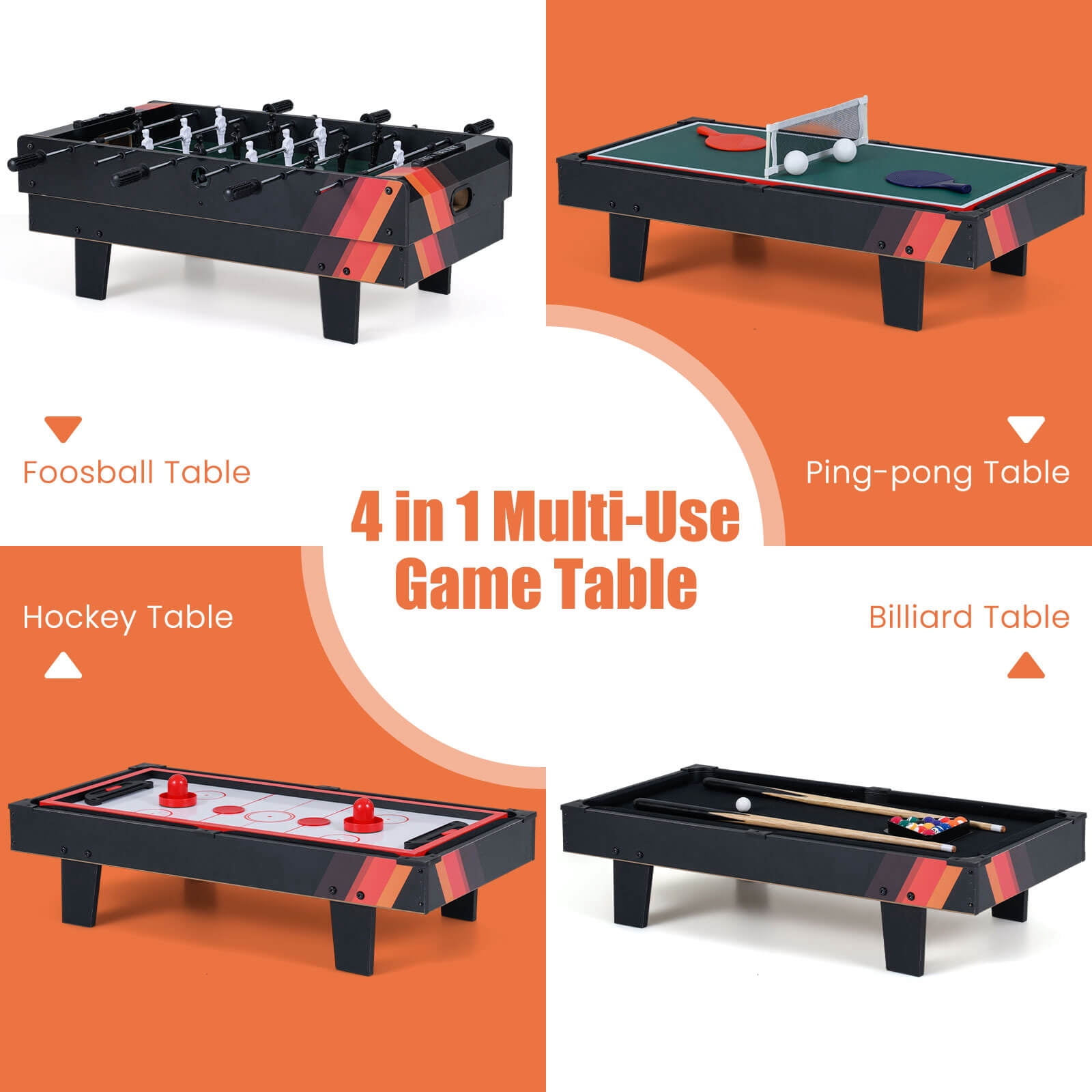 Costway 4 in 1 Multi Game Table with Stackable Tabletops of Billiards, Air Hockey, Foosball Black