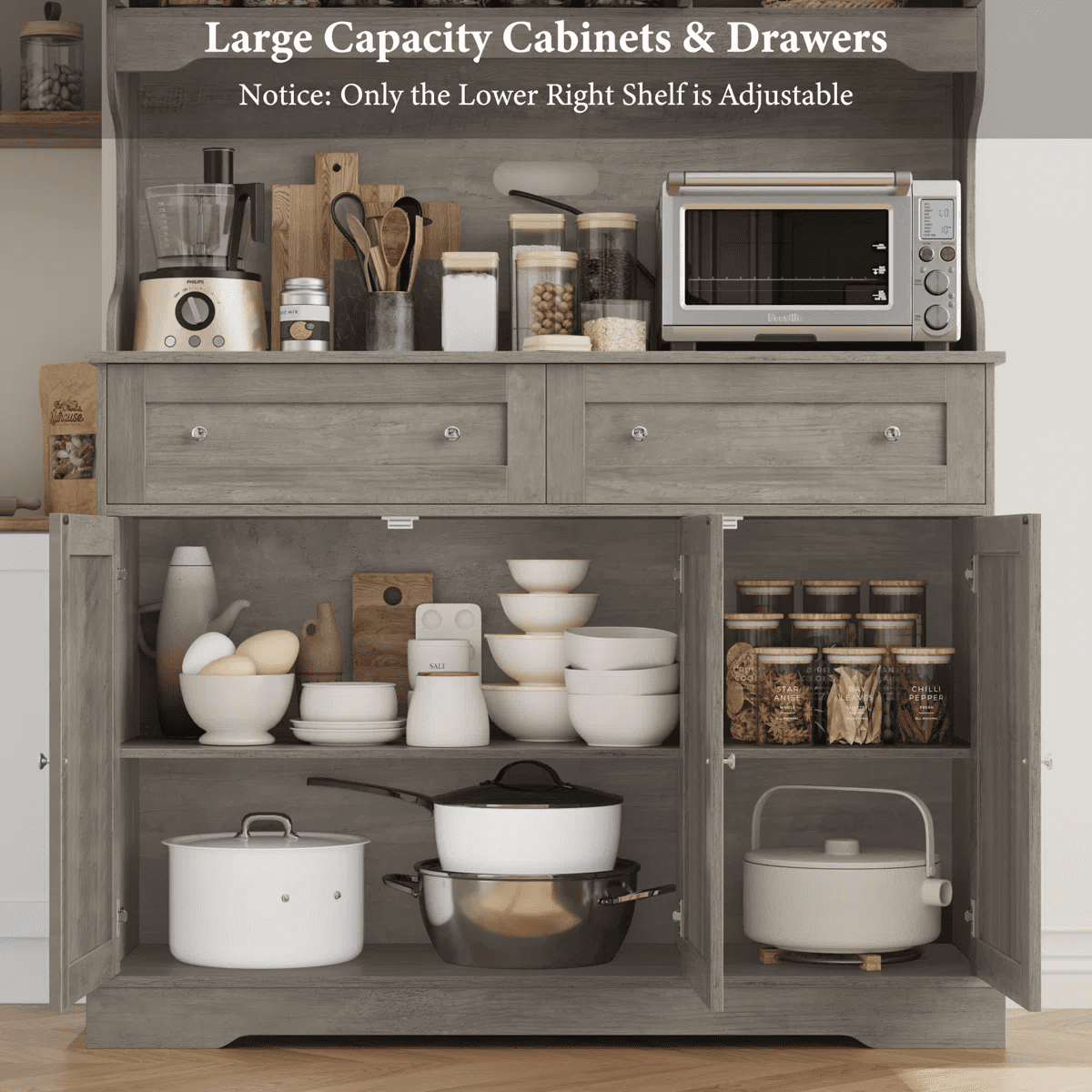 Hiphuta 72"Tall Kitchen Pantry Storage Cabinet with Power Outlet, Freestanding Cupboard Storage Buffet Hutch with Microwave Stand, Storage Pantry with Drawers & Glass Doors, Ash Gray