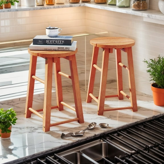 GVN Barstools, Countertop Bar Chairs,Bar Stools,18-Inch Outdoor Wood Bar Stools Set of 2 with Round Seat and Footrest