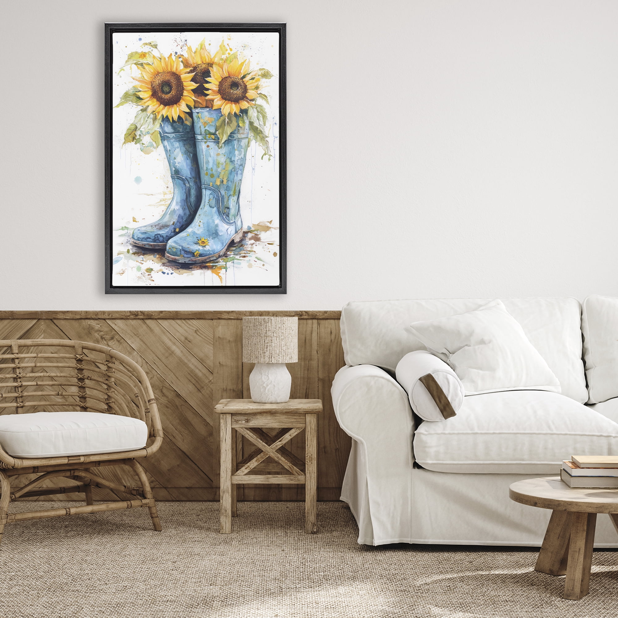 Stupell Industries Blue Rain Boots & Sunflowers Black Framed Floater Canvas Wall Art, design by Tina LeCour