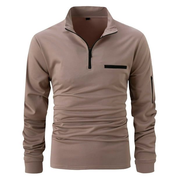 Blusa y camisa de manga larga con cuello vuelto para hombre, informal, de moda, con media cremallera y bolsillo.