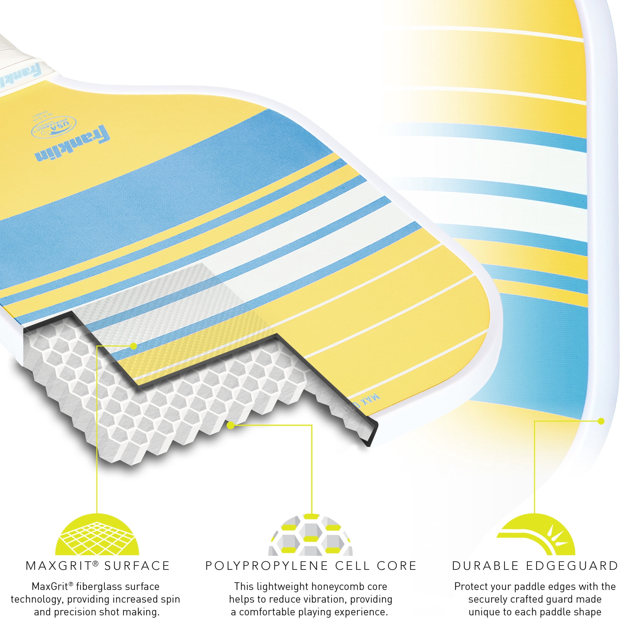 Franklin Sports Pickleball Paddle - Max Grit Fiberglass Surface - Polypropylene Core Pickleball Paddle - USA Pickleball (USAP) Approved - Yellow/Blue