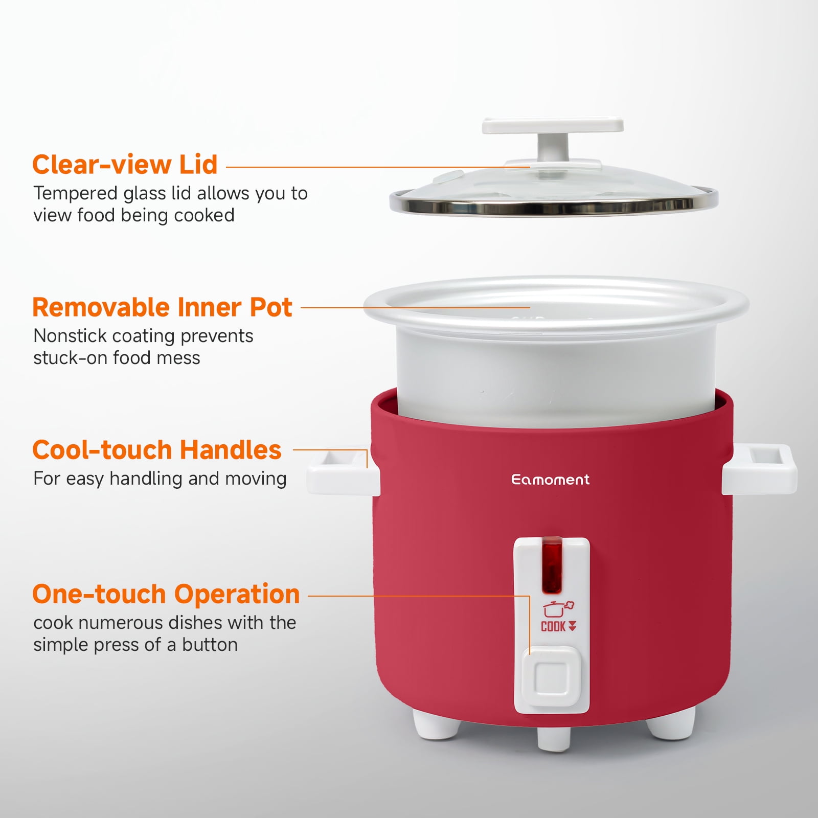 Small Rice Cooker, 1.5 Quart Mini Non-Stick Coated Insert Food Steamer and Dishwasher-Safe Glass Lid and Pot, Red