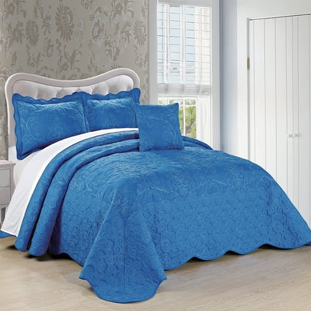 Home Soft Things 4 Piece Damask Embroidery Bedspread Set - Palace Blue - Oversize King (120" x 120")