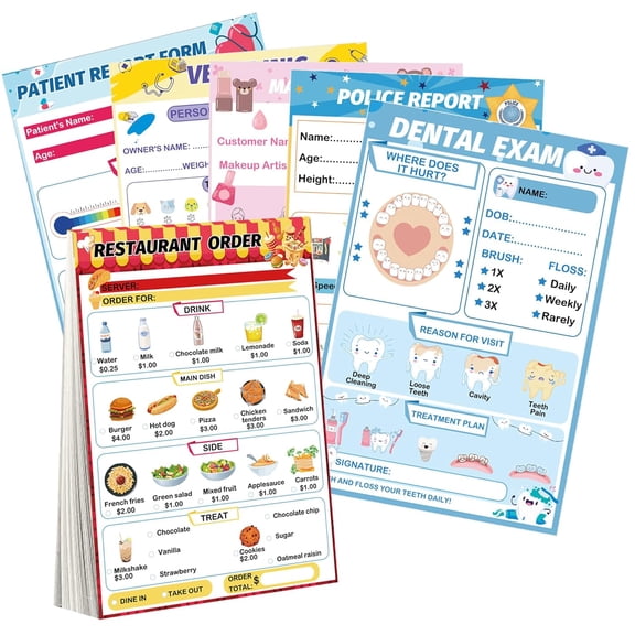 6 Pack Playtime Notepads 4X6 Inch-Restaurant Doctor Police Vet Coffee Salon Notepads, Imaginative Role Play,40 Sheets/Pack