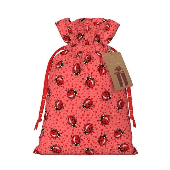 Honeii Ladybugs On Red Polka Dot Print Small Burlap Bags,Christmas Drawstring Treat Bags Gift Bags Reusable Candy Goodie Wrapping Bags for Holiday Party Favors Supplies -Small