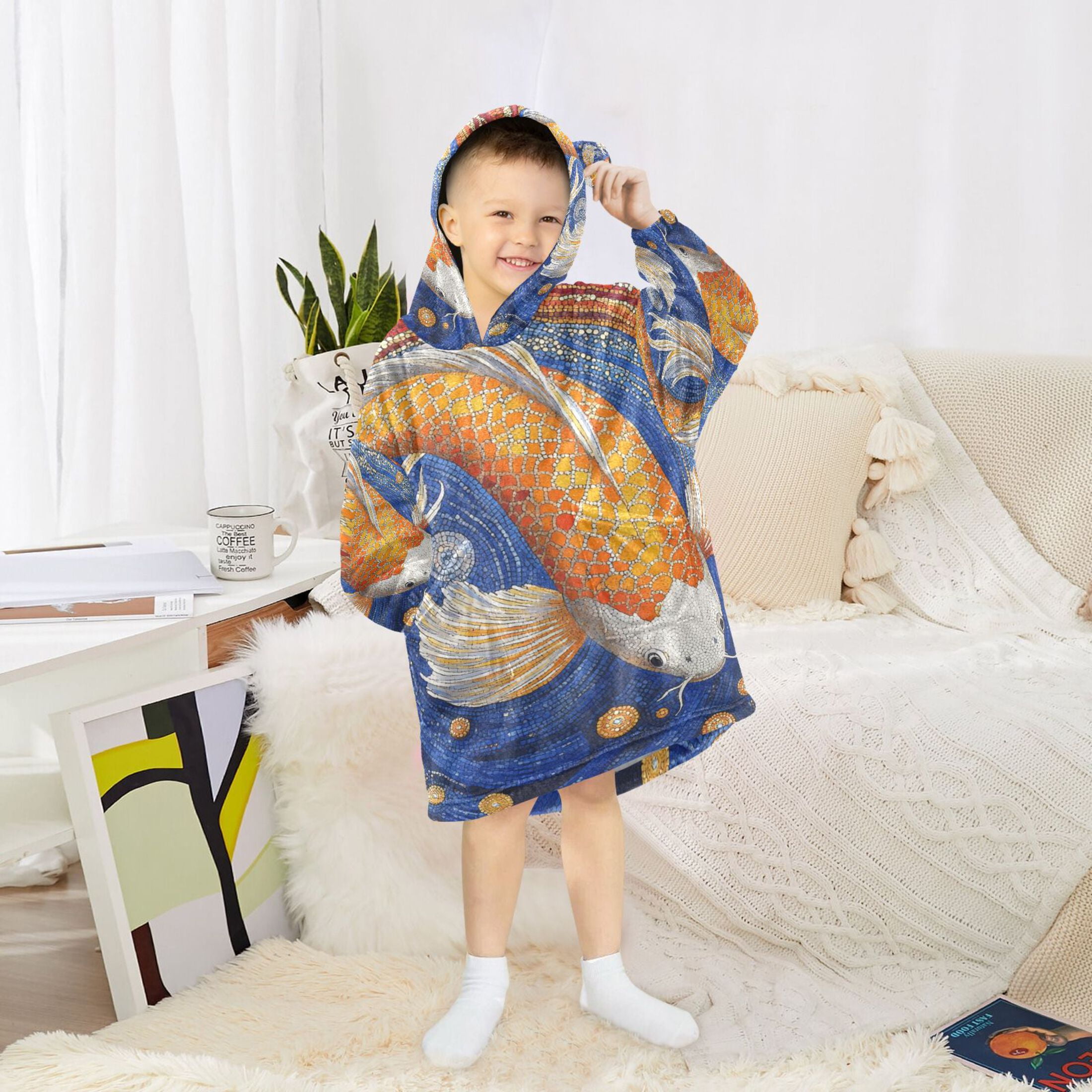 YAZAOO Kids Wearable Blanket Hoodie Warm and Cozy Cosmic Koi Flannel Sweatshirt