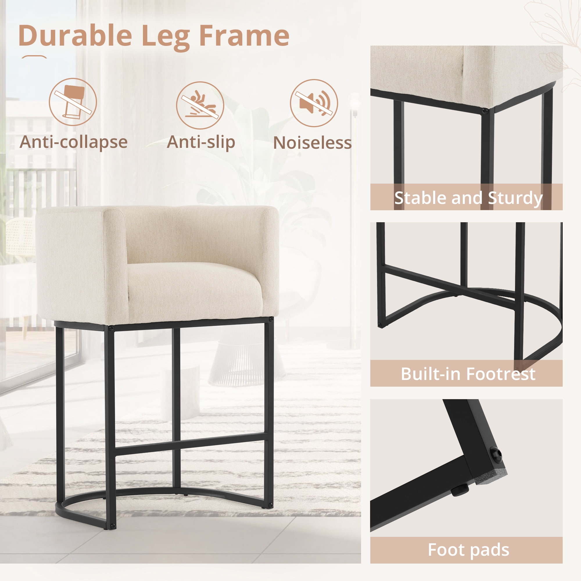 Dycanpo 27" H Modern Bar Stools Set of 4 with Back and Arms, for Home Kitchen, Linen Color