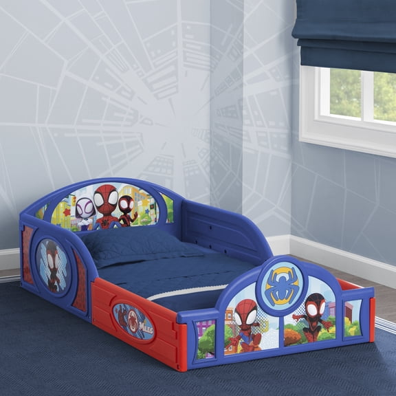 Marvel Spidey and His Amazing Friends Sleep and Play Toddler Bed with Built-In Guardrails by Delta Children, Blue