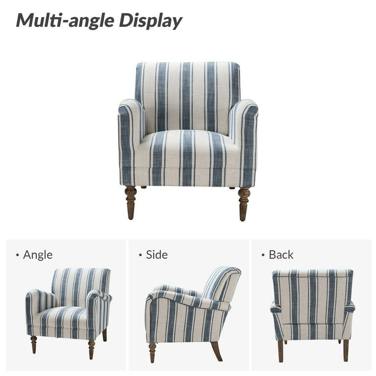 Navy Stripe Accent Armchairs Set of 2, Upholstered with Wood Legs