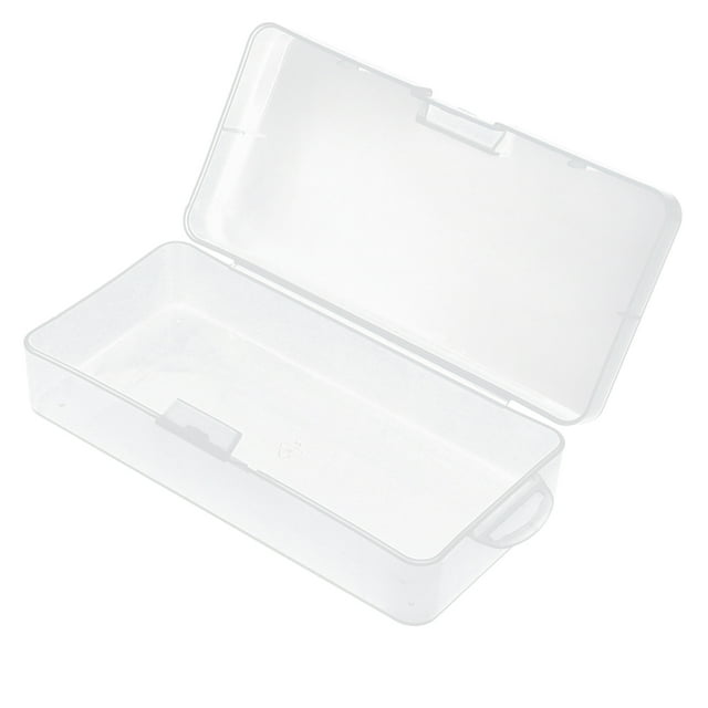 Caja de almacenamiento de plástico rectangular transparente para accesorios electrónicos digitales, resistente a caídas, con tapa abatible.