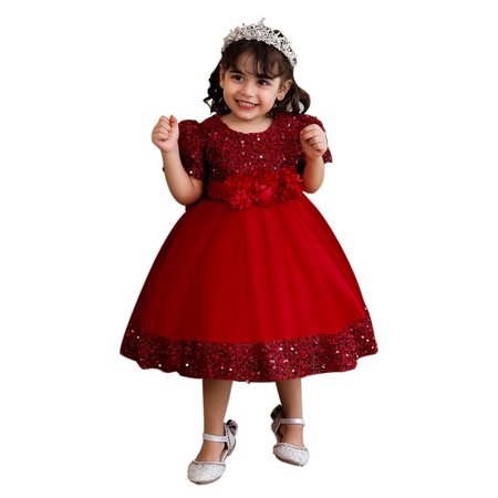 

KAWELL Elegant Flower Girl Dress Sequins Baby 1st Birthday Party Wedding Dress