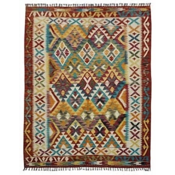 Handmade Woollen Flatweave Kilim Area Rug – Turquoise, Burgundy & Golden Yellow, 150x204 cm or 4'11"x6'8", Fringed