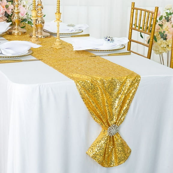 Wedding Linens Inc. 12"x108" Sequin Taffeta Table Runner for Wedding, Luxury Events, Party use - Light Gold