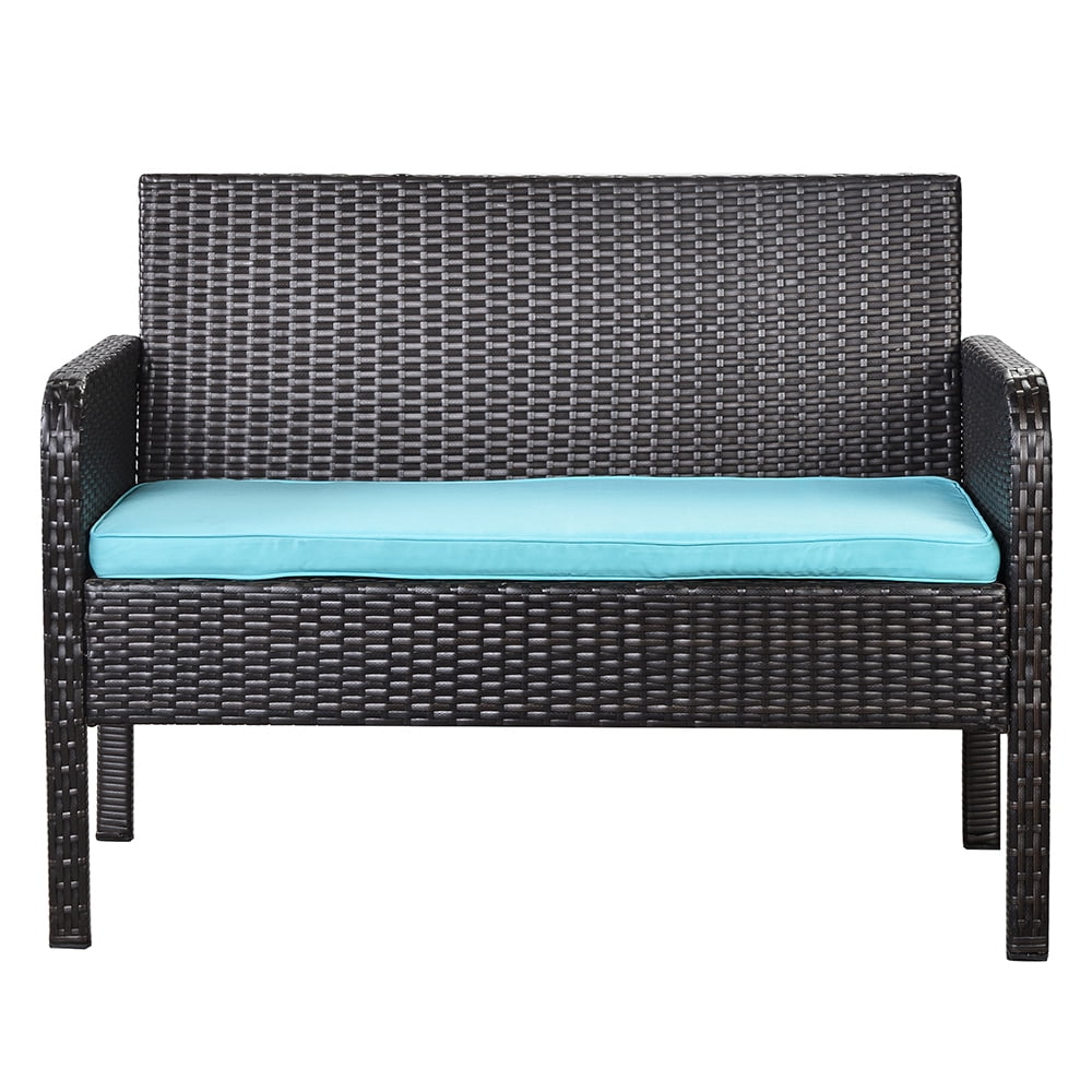Kepooman 4 Piece Patio Ratten Dining Set, Outdoor Conversation Sofa Seating Set with Cushions - Blue Kepooman 4 Piece Patio Ratten Dining Set, Outdoor Conversation Sofa Seating Set with Cushions - Blue