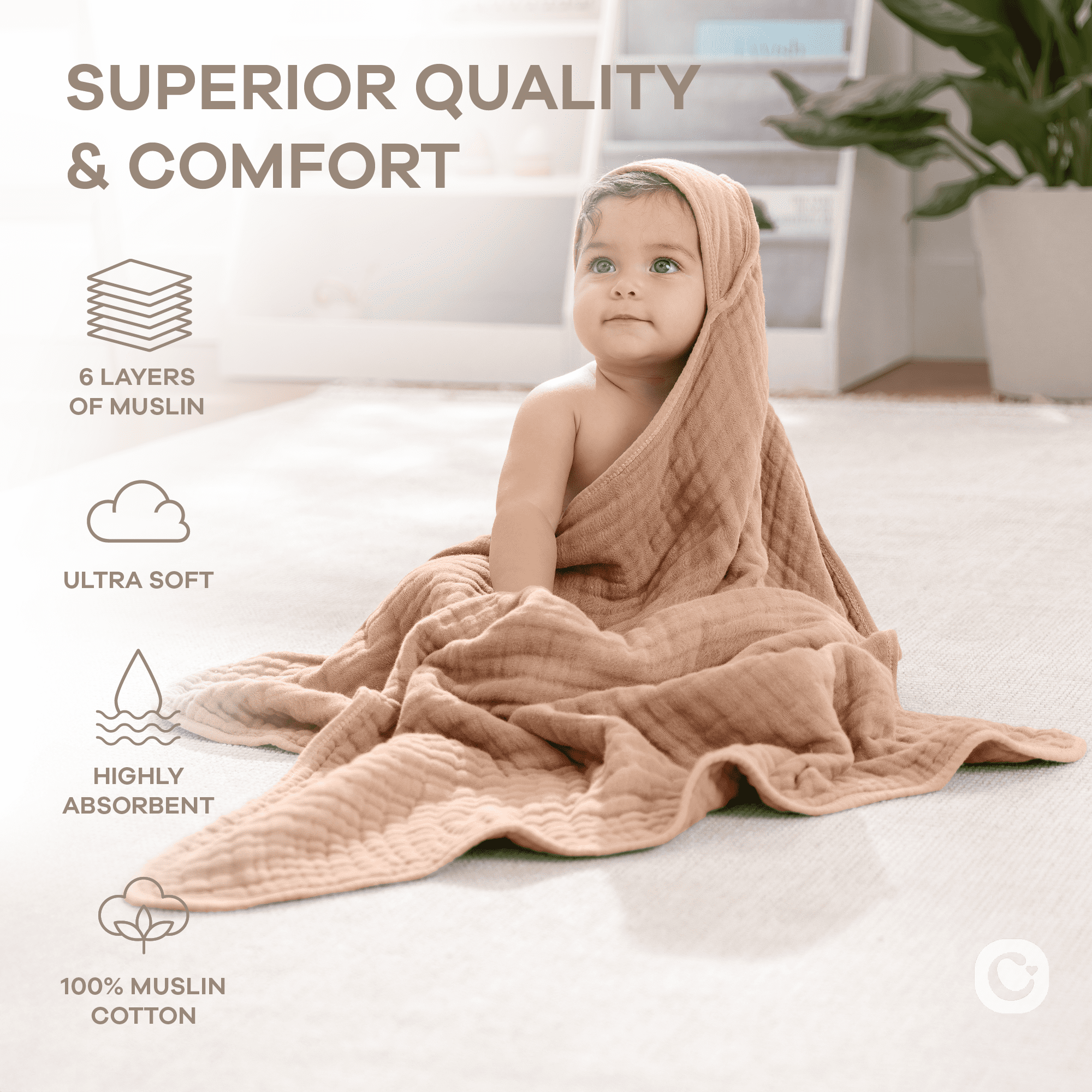 Comfy Cubs Hooded Baby Towels 2-Pack, Large 32" x 32" - 6 Layer, 100% Muslin Cotton, Cedar and Sand