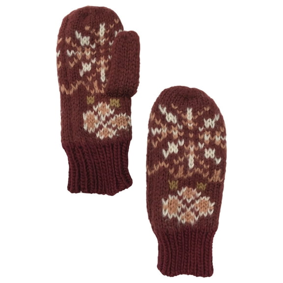 Womens Soft Burgundy & Pink Snowflake Knit Mittens