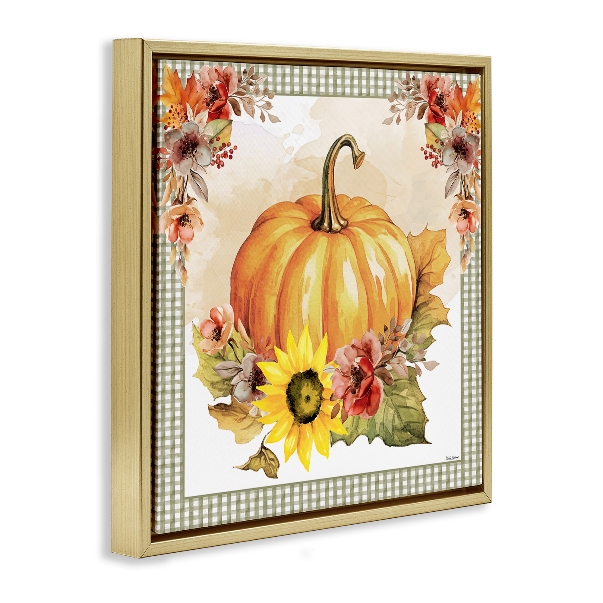 Stupell Industries Pumpkin with Flower Accent Botanical & Floral Painting Gold Floater Framed Canvas Art Prints Wall Art, 25 x 25