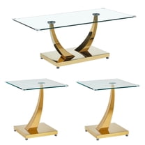 Modern Glass Coffee Table and End Table Set of 3, Rectangular 0.39" Thick Tempered Glass with Gold Curved Stainless Steel Base, for Living Room and Office